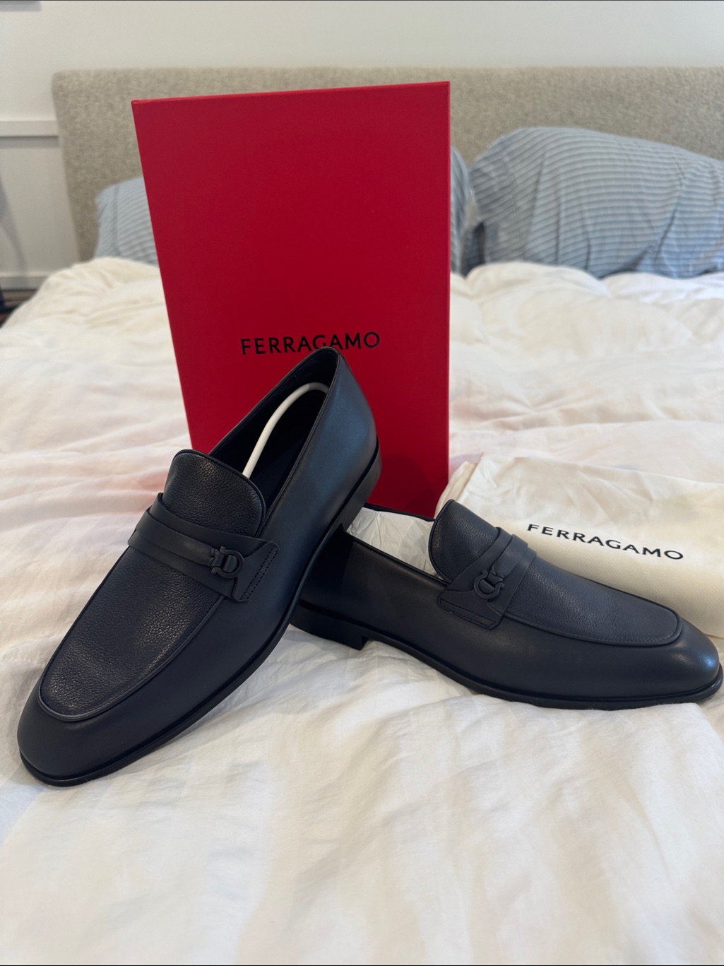 Salvatore Ferragamo Navy Leather Penny Strap Loafers